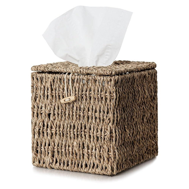 StorageWorks Wicker Tissue Box Cover, Seagrass Tissue Box Holder with Lid, Handwoven Square Tissue Box, 1 Pack, 6 ¼"L x 6 ¼"W x 7" H