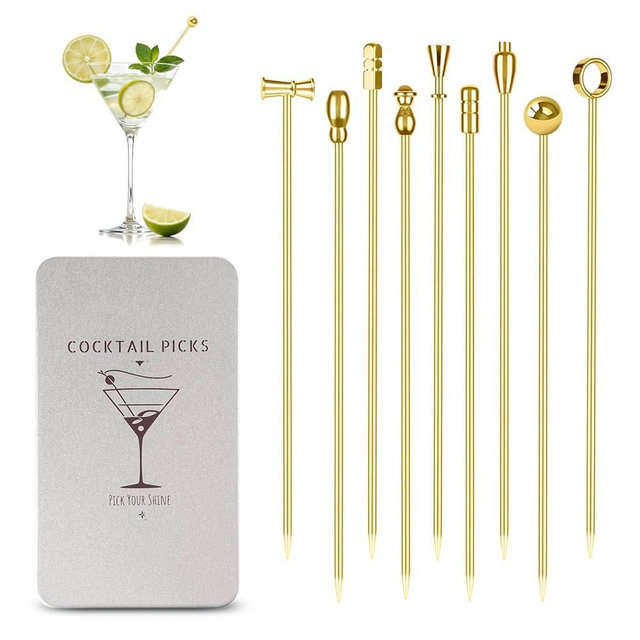 Metal Cocktail Picks, Gold Martini Skewers for Olive 4.2 in to 4.38 in, Stainless Steel Drinks Garnish Sticks, Reusable Toothpicks for Appetizers, Home Bar Supplies Accessories for Bartender - 9 Pcs