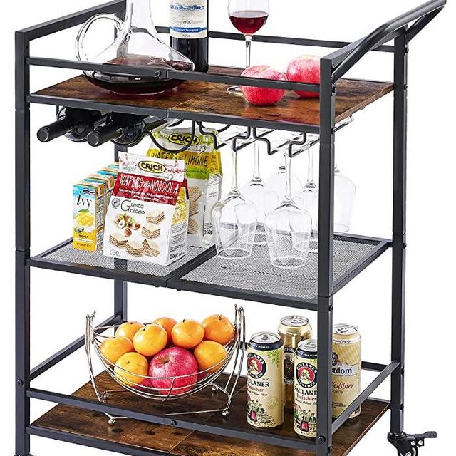 Tajsoon 3-Tier Bar Cart, Mobile Bar Serving Cart, Industrial Style Wine Cart for Kitchen, Beverage Cart with Wine Rack and Glass Holder, Rolling Drink Trolley for Living Room, Rustic Brown