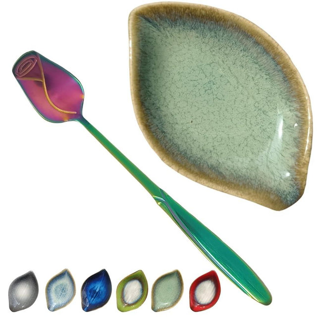 Coffee Spoon and Rest for Coffee Bar Accessories, Leaf Small Spoon Rest for Coffee Station, Tea Spoon Rest Tea Spoon Holder Teaspoon Rest, 1 PC (Retro Mist Green with Rainbow Rose Spoon)