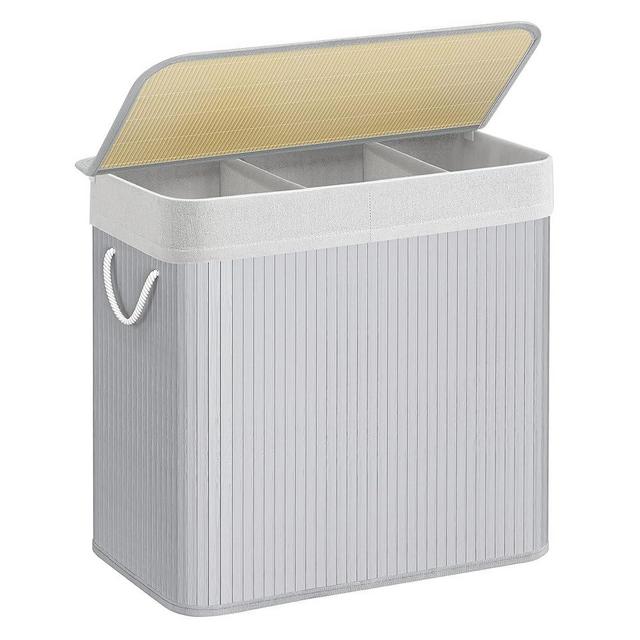 SONGMICS Laundry Hamper, 39.6 Gallons (150L), 3-Section Laundry Basket, Laundry Hamper with Lid, Bamboo, Foldable, Removable and Machine Washable Liner, for Laundry Room, Bedroom, Gray ULCB091G01