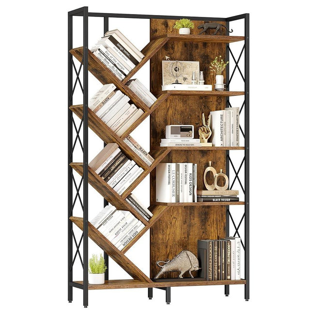YITAHOME Industrial Tree Bookshelf, 5 Tier Bookcase Tall Standing Book Shelves Organizer Display Rack for Bedroom Living Room Office, Rustic Brown