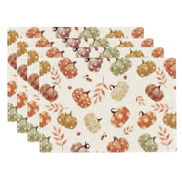 RABUSOFA Polka Dot Pumpkins Leaves Fall Placemats Set of 4 for Table Runner, Autumn Thanksgiving Kitchen Dining Table Decoration for Indoor Party 12x18 Inch
