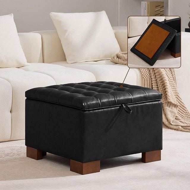 WUTUTUEE 24" Faux Leather Square Storage Ottoman with Wooden Tray, Modern Tufted Button Footstool Coffee Table, Upholstered Small Ottoman for Living Room, Bedroom, Black