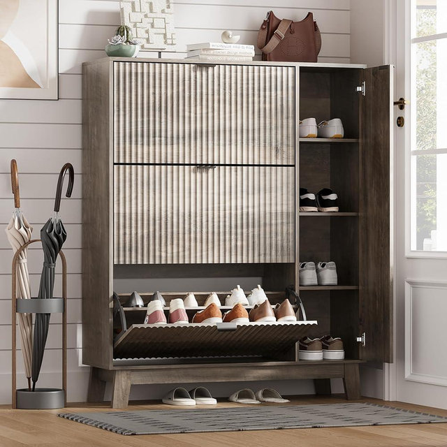 Shoe Cabinet Storage for Entryway with 3 Flip Drawers & Side Cabinet, Fluted Narrow Shoe Organizer with Wooden Leg, Freestanding Shoe Storage Hidden Shoe Rack Organizer for Front Door Entrance, Grey