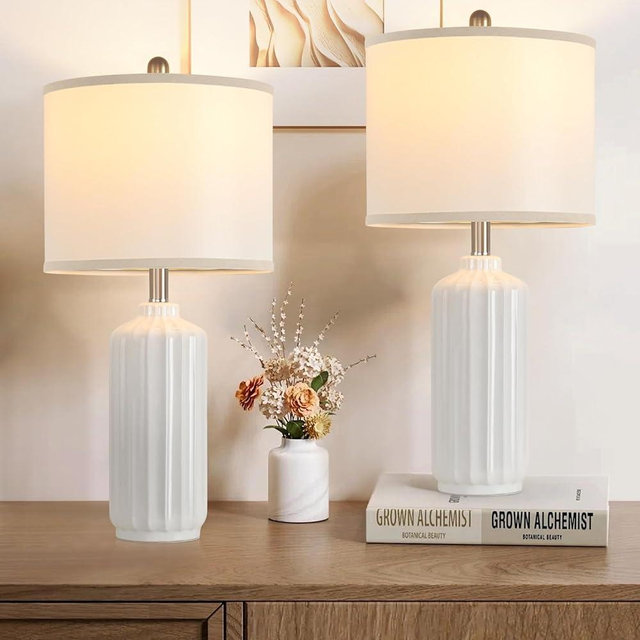 Liyicha Lamp for Living Room Bedroom Lamps Farmhouse Table Lamps Set of 2 Vertical Stripe Ceramic Table Lamp,Linen Shade with Bulb, 25 in High, White