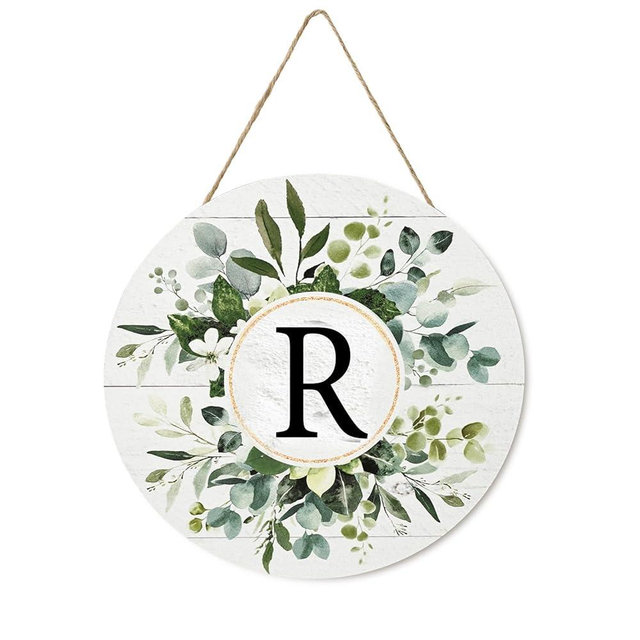 Smile Monogram Letter R Wreaths Wooden Welcome Sign, Family Last Name Initial Front Door Wall Decoration, Floral Spring Summer Porch Rustic Home Kitchen Decor