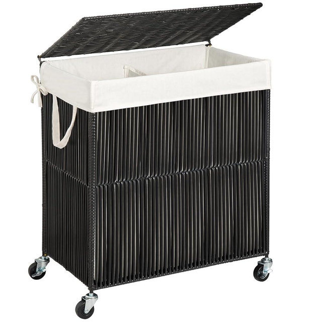 WOWLIVE Laundry Hamper with Wheels, Handwoven Rolling Laundry Basket with Lid, Clothes Hamper with Divided Removable Liner Bag, 115L Large Capacity Laundry Sorter Laundry Room Organization, Black