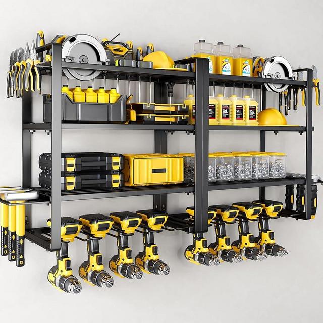 Hipidian Power Tool Organizer Wall Mount - Storage Rack with 4 Drill Holders for Drills Cordless Tools. Heavy Duty Iron Garage Tool Organizer Storage for Workshop Shed (4 Slots 4 Layers 2 Pack)