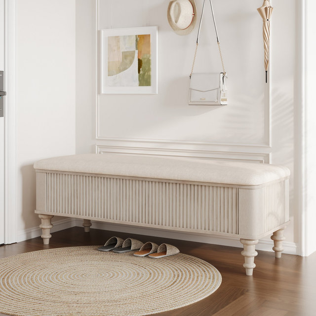Storage Bench Upholstered Ottoman Entryway Bench Bed End Bench with Sturdy Rubber Wood Leg, Beige - ModernLuxe