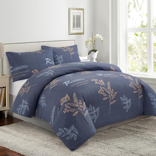 Marina Decoration Ultra Soft Silky Rich Printed Rayon from Bamboo All Season 4 Pieces Duvet Cover Fitted Sheet Ensemble Bedding Set with Zipper and Corner Tie, Modern Romantic Foral Pattern King Size