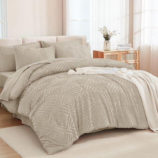 Andency Queen Size Comforter Set 7 Piece Oatmeal - Bed in a Bag Queen Boho Lightweight Fluffy Tufted Bedding Sets with Comforter, Sheets, Pillowcases & Shams