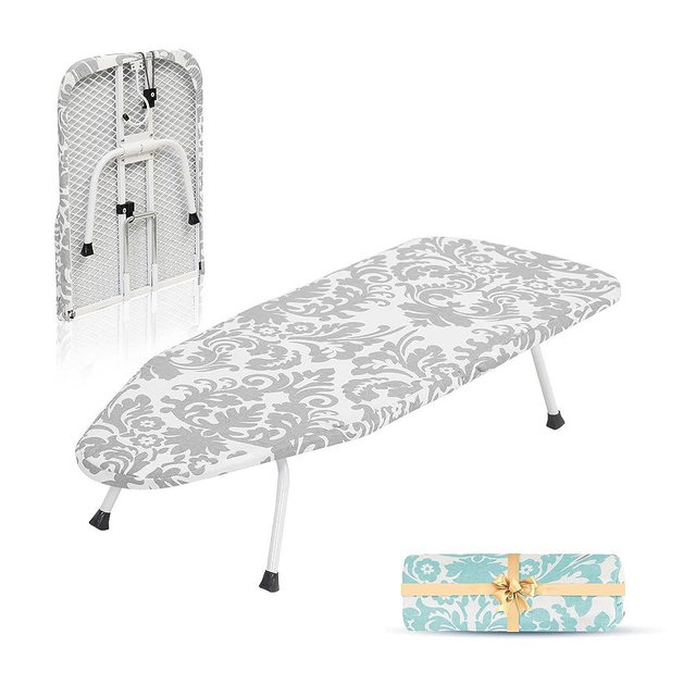 STORAGE MANIAC Tabletop Ironing Broad, Mini Folding Ironing Broad with 2 Removable Cover, Portable Small Ironing Broad with 7 mm Thick Pad for Laundry Room, Apartment, Dorms - Silver & Blue Flower