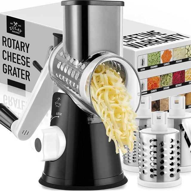 Zulay Kitchen Cheese Grater Hand Crank, Grater For Kitchen With Reinforced Suction - Rotary Cheese Grater With 3 Replaceable Stainless Steel Blades - Easy to Use & Clean - Vegetable Cutter - Black