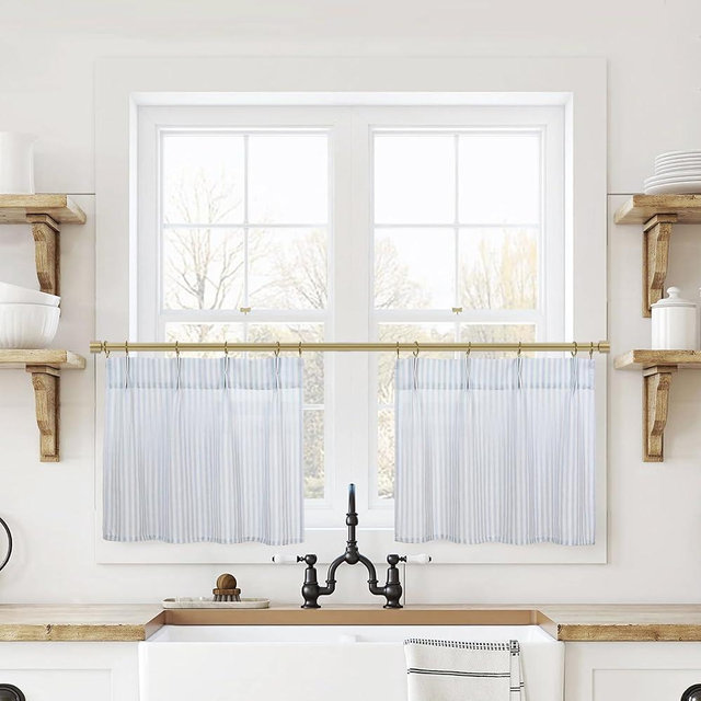 Lino Rosa 18 Inch Length Striped Kitchen Pinch Pleat Small Curtains with Hooks for Bathroom Windows,Light Blue