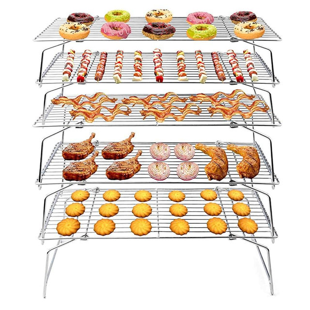 TeamFar Cooling Rack, 5-Tiers Stainless Steel Baking Cooling Wire Rack for Baking Roasting Cooking, Healthy & Firmly Weld, Stackable & Collapsible, Dishwasher Safe - 15”x10”