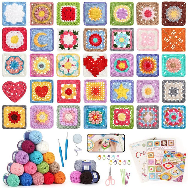 Katech Crochet Kit for Beginners, 50 Granny Squares Crochet Kits for Adults Beginner Learn to Crochets w/Step-by-Step Video Tuturials, Knitting Kit w/1378yds Yarn Granny Square Card Deck- 80% Cotton