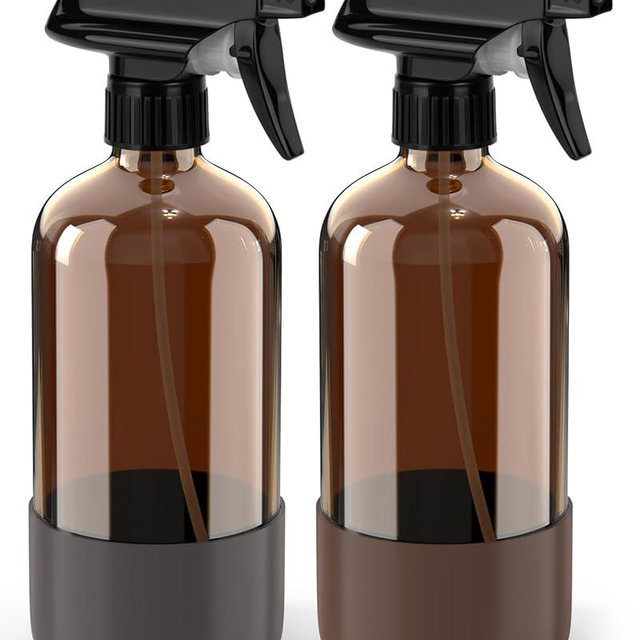 Bontip Glass Spray Bottle with Silicone Sleeve Protection, Amber Glass Spray Bottle Set for Window Cleaner Aromatherapy Facial Hydration Watering Flowers Hair Care 2 Pack/16 oz (Brown & Grey, 16 oz)