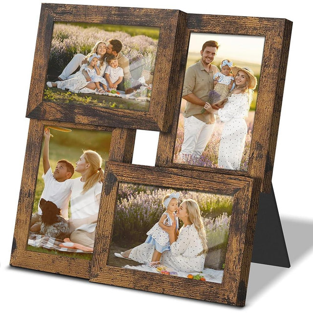 DUENPY 4x6 Collage Picture Frame Tempered Glass Front, Displays Four 4x6 Photo, Family Photo Collage Frame, Wall Decor Wall Hanging or Tabletop, Brown