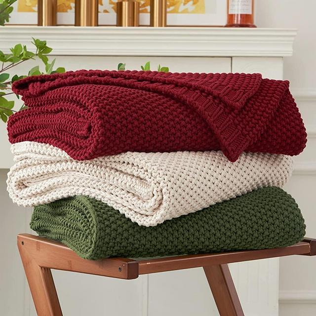 Chunky Cable Knit Throw Blanket Lightweight Wine red 100% Organic Cotton Blanket for Sofa Couch Bed Baby Nursery, Rustic Shabby Chic Modern Farmhouse, 60” x 80” Bonus Laundering Bag