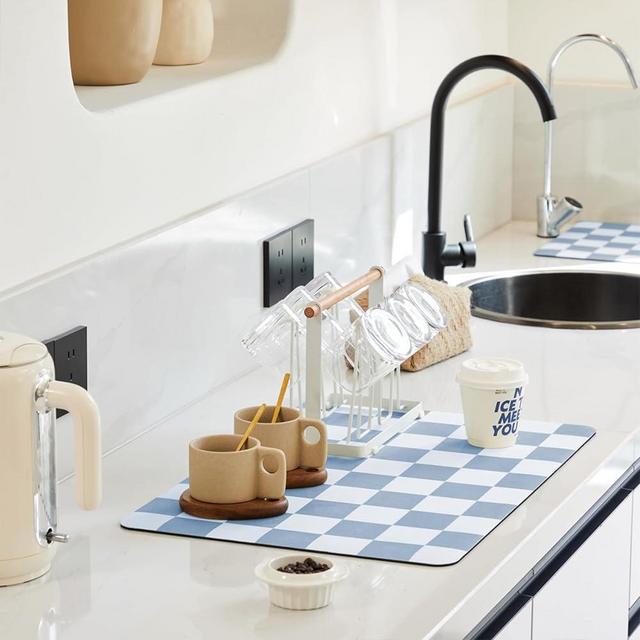 Checkered Dish Drying Mat for Kitchen Counter, Coffee Bar, Coffee Station Accessories, Retro Cute Aesthetic Absorbent Coffee Mat Kitchen Drying Mat Easy Clean, Blue 16" x 24"