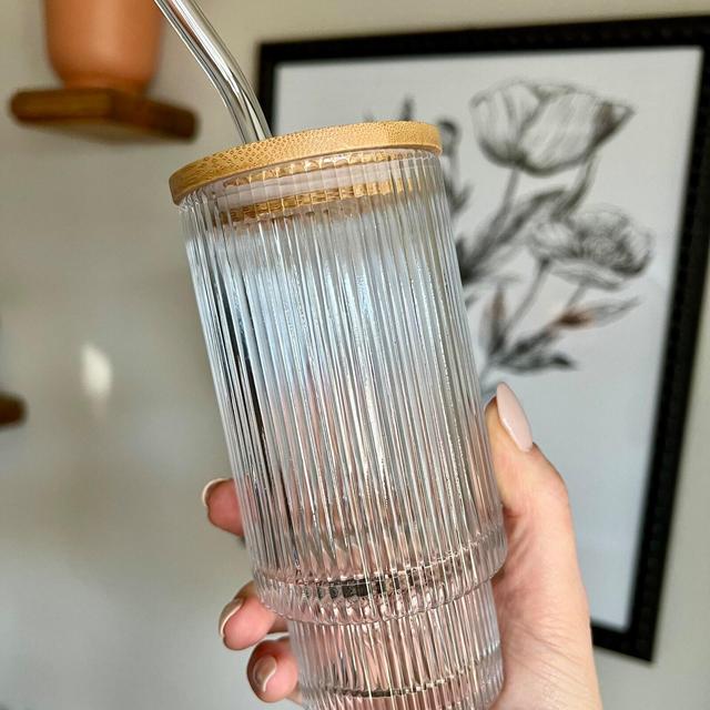 Vertical Striped Water Cup, 12oz Stackable Glass, Bamboo Lid Glass Straw Cup Set, Iced Coffee, All Seasons Aesthetic Beverage Cup