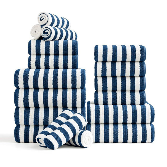 18-Piece Microfiber Bath Towels Set - 6 Bath Sheet, 6 Hand Towels, 6 Washcloths, Soft, Highly Absorbent Bathroom Towel, Quick Dry & Less Lint Shower towel for Bathroom, Hotel, Spa, Dorm-Blueberry