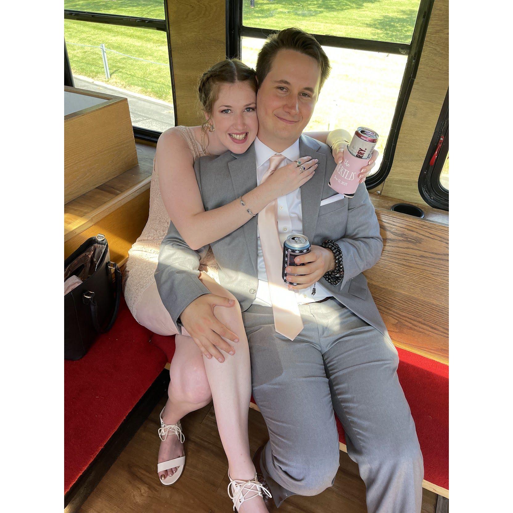 On Chalire + Jen's wedding party bus!