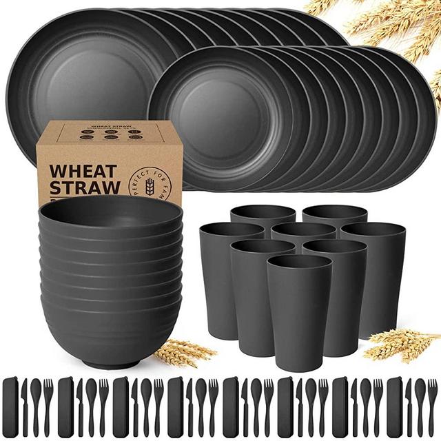 Teivio Kitchen Wheat Straw Dinnerware Set, Dinner Plates, Dessert Plate, Cereal Bowls, Cups, Unbreakable Plastic Outdoor Camping Dishes (Service for 8 (32 piece with flatware), Black)