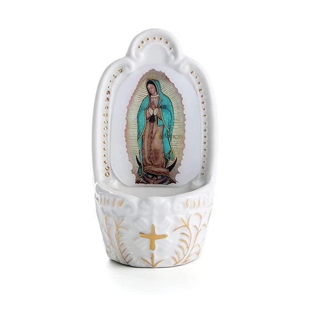 KOMI Porcelain Catholic Holy Water Font Our Lady of Guadalupe Holy Water Font for Entrance of Home Church Wall Hanging Decor Great Gift for First Communion, Confirmation, or New Home