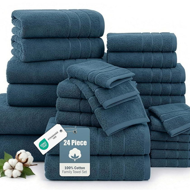 100% Mercerized Cotton Bathroom Towel Sets of 24 - 2 Bath Sheets, 2 Gym Towels, 2 Bath, 4 Fingertip, 6 Hand, 8 Washcloths, Quick-Dry, Luxuriously Soft & Durable, Perfect for Everyday use – Steel Blue