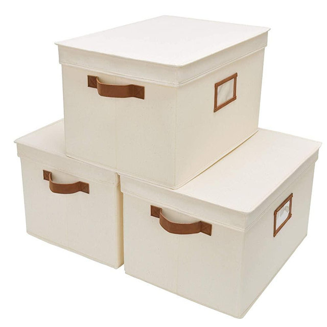 StorageWorks 32L Decorative Storage Bins for Closet, Storage Baskets with Lids and Strong PU Handles, Hand Wash, Canvas, Ivory White, Jumbo, 3-Pack