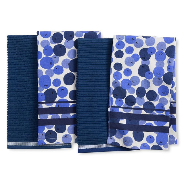 Sur La Table Kitchen Essentials Fresh Blueberries Fruit Kitchen Towel 4-Pack Set, Absorbent 100% Cotton, Blue/White, 16"x28"