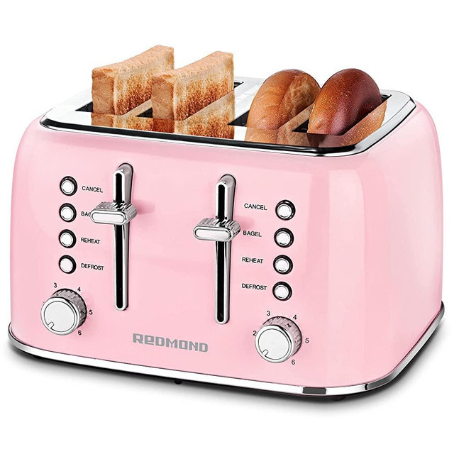 REDMOND Toaster 4 Slice, Retro Stainless Steel Toaster with Extra Wide Slots Bagel, Defrost, Reheat Function, Dual Independent Control Panel, Removable Crumb Tray, 6 Shade Settings and High Lift Lever, Pink