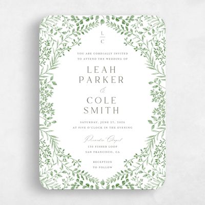 Green Rounded Wedding Invitation - Ronneby Portrait