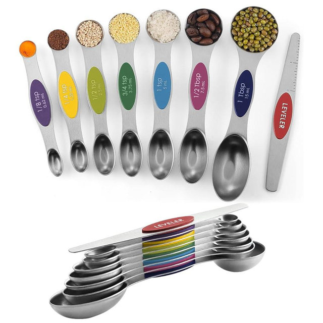 Pack of 8 Stainless Steel Magnetic Measuring Spoons Set, Dual Sided, Stackable, Adjustable Teaspoon and Tablespoon Measure Spoon with Leveler, Kitchen Gadgets