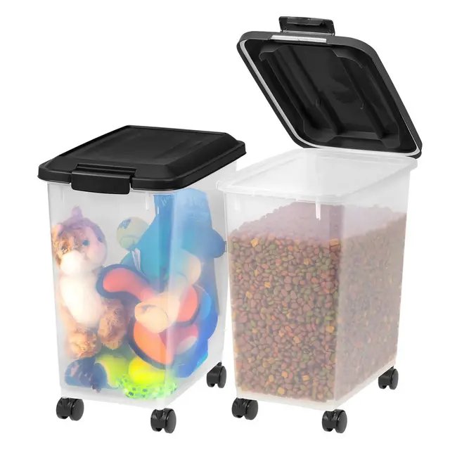 IRIS USA 2 Pack 30 Lbs / 33 Qt Airtight Dog Food Storage Container with Attachable Casters, Dog Cat Bird and Other Pet Food Storage Bin, Clear/Black