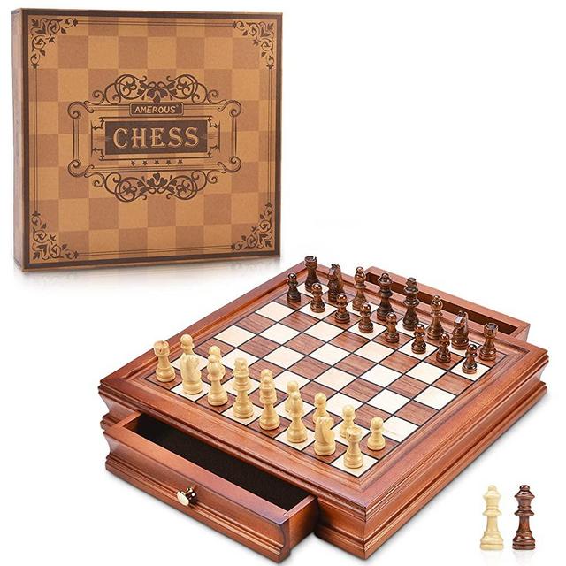 AMEROUS 12.8'' Magnetic Wooden Chess Set / 2 Built-in Storage Drawers / 2 Extra Queen / Gift Package / Chess Rules / Classics Strategy Board Games Chess Sets for Kids and Adults