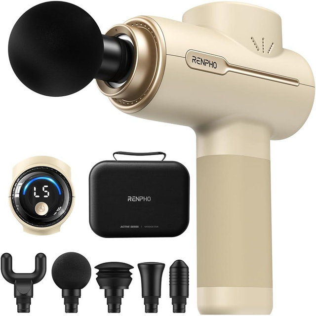 RENPHO Active Massage Gun, Fathers Day Dad Gifts, Deep Tissue Percussion Back Massager for Neck, FSA Approved, Portable Handheld Massager with 5 Speeds, HSA, 5 Attachments, Carry Case, Beige