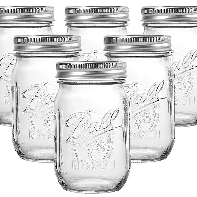 Bedoo Ball Mason Jars 16 oz Regular Mouth Lids and Bands [Set of 6] Pint Mason Jars Clear Glass Canning Jars 16-Ounces, Airtight Lids, Dishwasher Safe