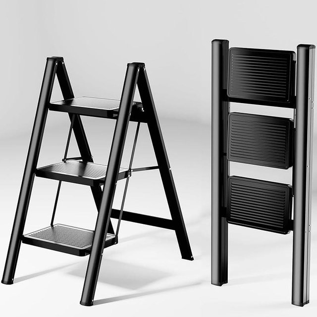 KOLL LINK Step Ladder 3 Step Folding, Sturdy 330 Lbs Small Step Stool for Adults, Closet Step Stool Ladder with Anti-Slip Wide Pedals, Portable Folding Ladder for Home Kitchen Office