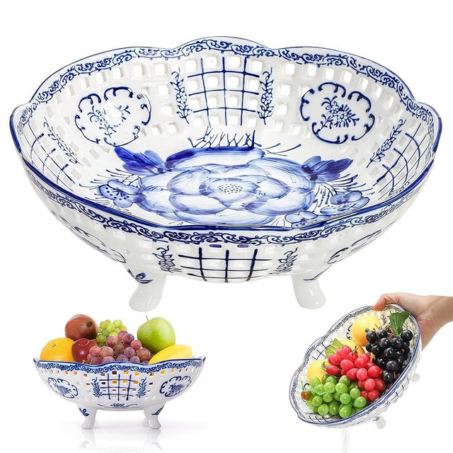 YIMITEE 10 Inch Ceramic Fruit Bowl, Blue and White Porcelain Pedestal Fruit Basket, Chinoiserie Decorative Vegetable Holder with Drainage Hole for Kitchen Counter Veggies, Candy, Cookie, Cake
