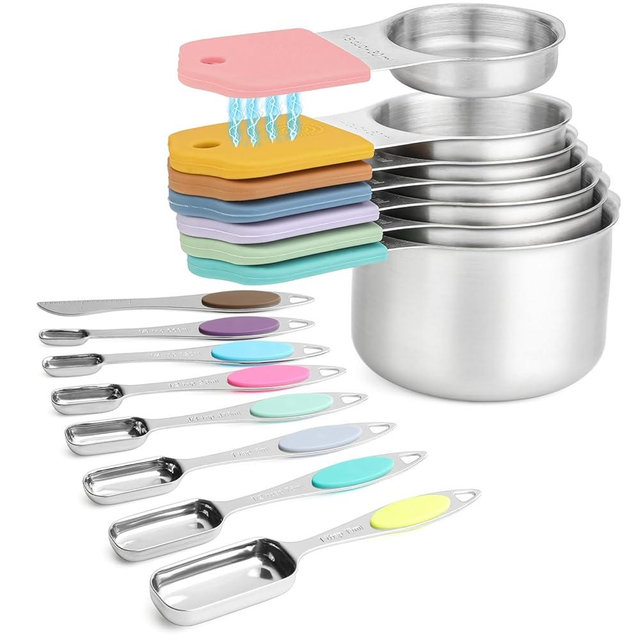 Magnetic Measuring Cups and Spoons Set, 7 Stainless Steel Measuring Cups and 7 Rectangular Metal Teaspoon with 1 Leveler for Cooking & Baking (Colorful)