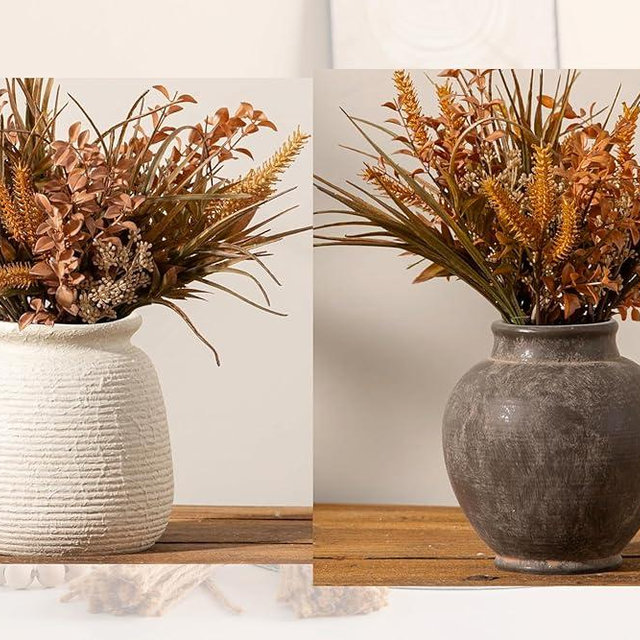 2PCS Ceramic Flower Vase, Rustic Farmhouse Decorative Vase Pottery Wide-Mouth Vases for Home Decor Table Living Room Entryway Mantel Bookshelf Bedroom Bathroom Kitchen