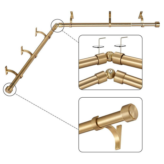 Mayrhyme Warm Gold Corner Window Curtain Rods with Aluminum End Cap Finials and Brackets,1 Inch Diameter Bay Window Curtain Rods,2 Sided 32-86 Inch Adjustable Drapery Rod