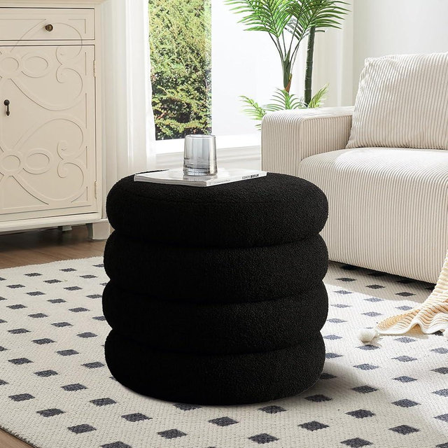 JIRAIN 19.5 Inch Round Storage Ottoman, Modern Sherpa Ottoman Coffee Table with Removable Top, Black Vanity Stool with Storage for Bedroom, Living Room, Dorm, Set of 1