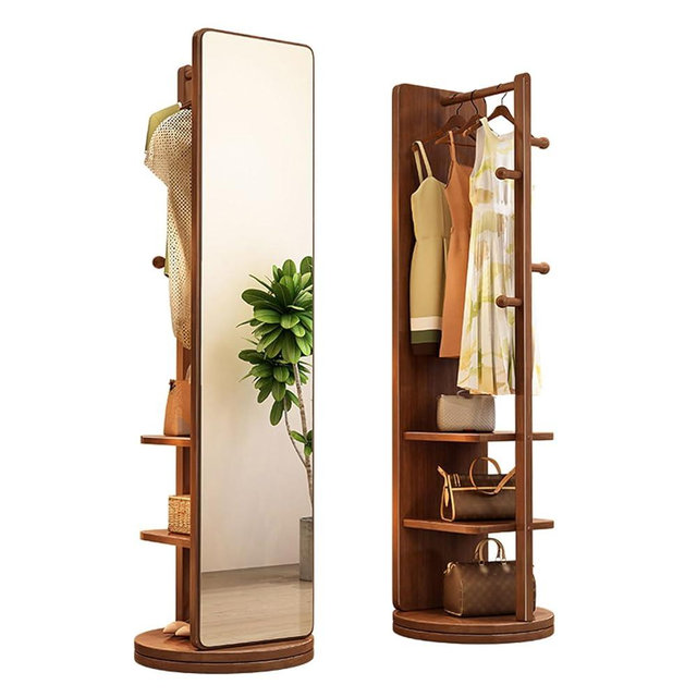 360° Rotating Full Length Mirror, Full Body Mirror Solid Wood Floor Mirror with Coat Rack 66'' Standing Full Length Mirror for Bedroom Living Room Office (45cm/17.7in)