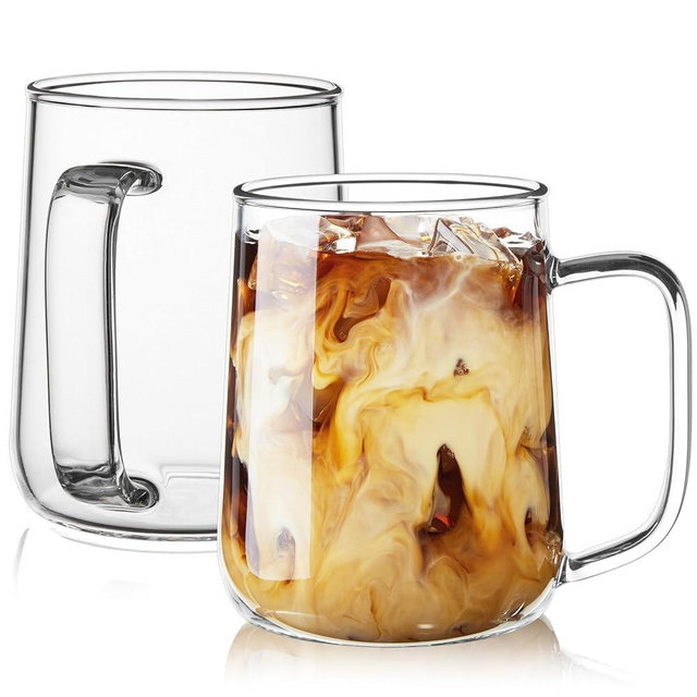 ZMZKKLL Glass Coffee Mugs, 16 oz Glass Coffee Cups Set of 2, Clear Borosilicate Glass Mugs with Handles for Cappuccino, Tea, Latte, Hot/Cold Beverages, Wine, Americano