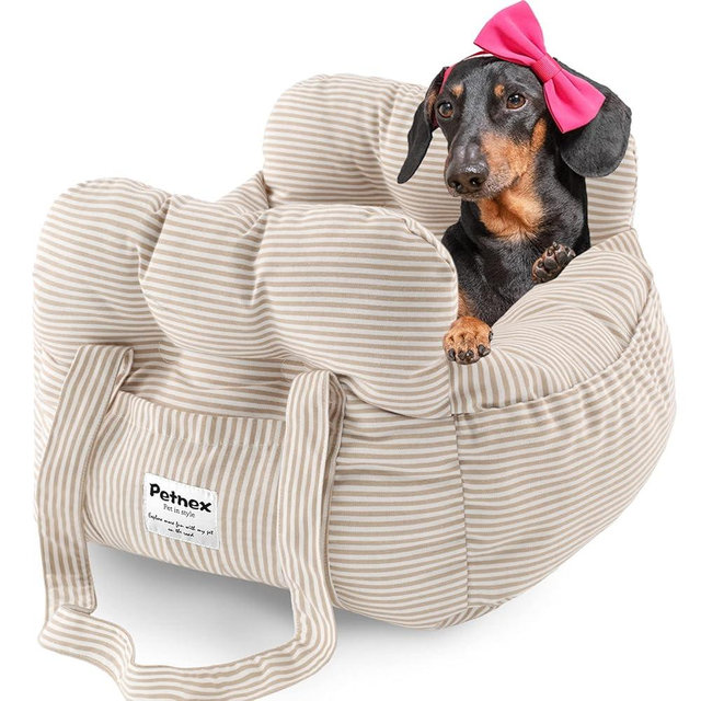 PETNEX Dog Car Seat for Small Dogs, Portable Puppy Car Seat of Easy Installation, Fashionable Pet Carrier Bag with Large Pockets, Machine Washable Dog Booster Seat (Striped Khaki)