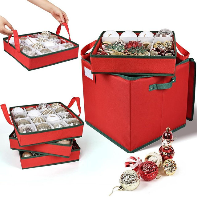 Qiullen Christmas Ornament Storage Box Holds Up to 64 Ornaments for Fragile Decoration Balls Holiday Adjustable Storage Case with zipped Lid Large Foldable Storage Case for Sundries or Clothes (Red)